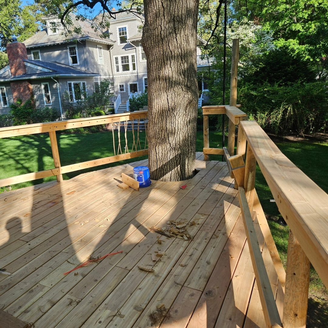 Cedar decking detail on an elevated treehouse platform