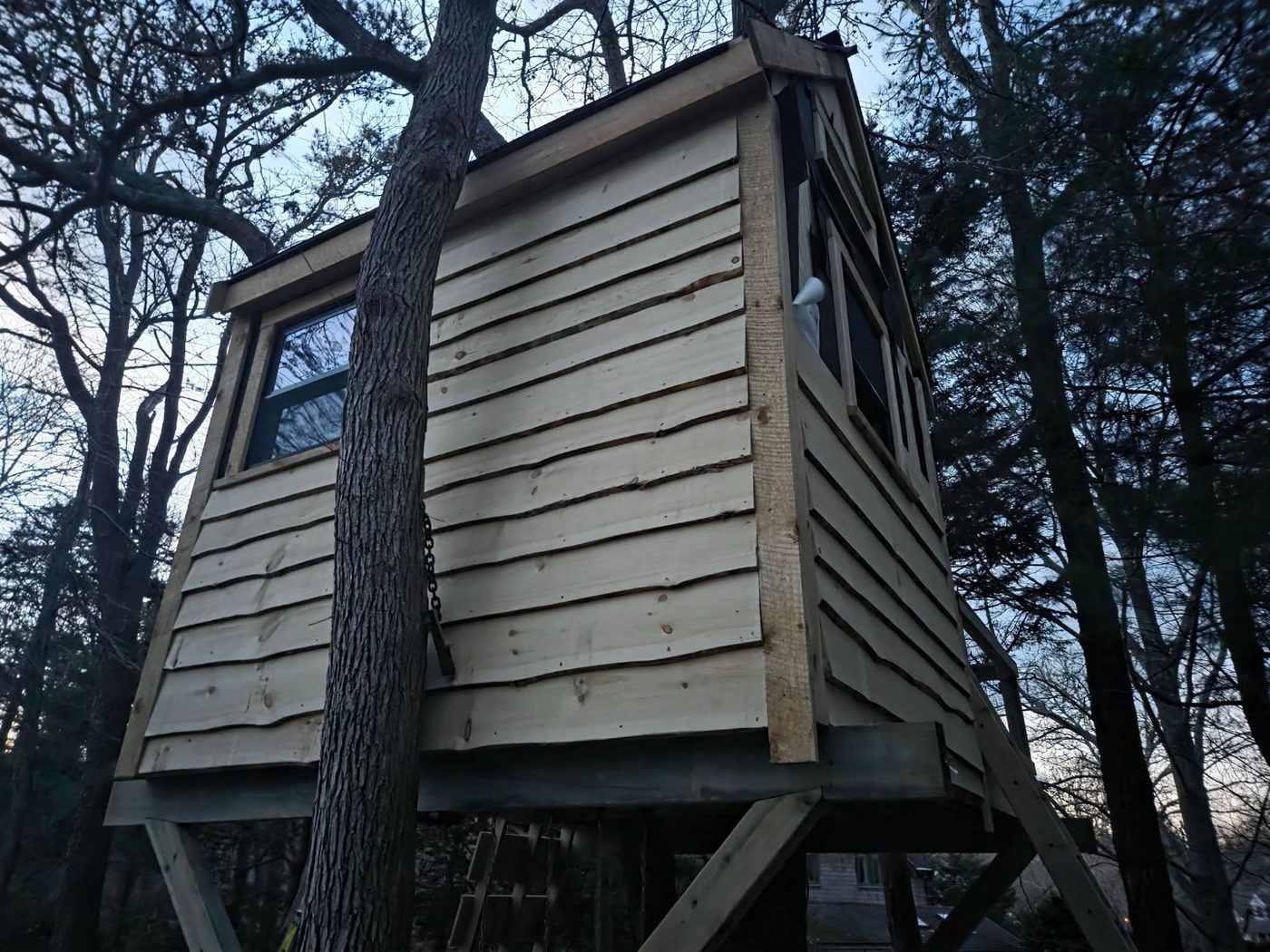 Exterior view of live edge siding on an elevated treehouse