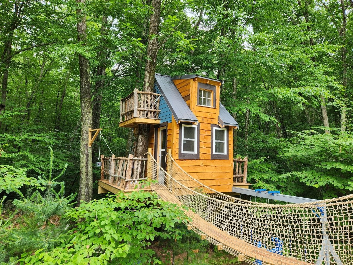 Treehouse with natural branch railing and rope bridge in wooded backyard