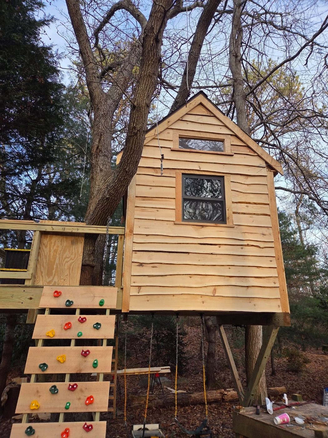 Treehouse with wooden rock climbing wall and upper cabin